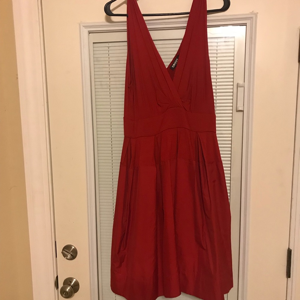 DKNY red dress with deep V in front and back